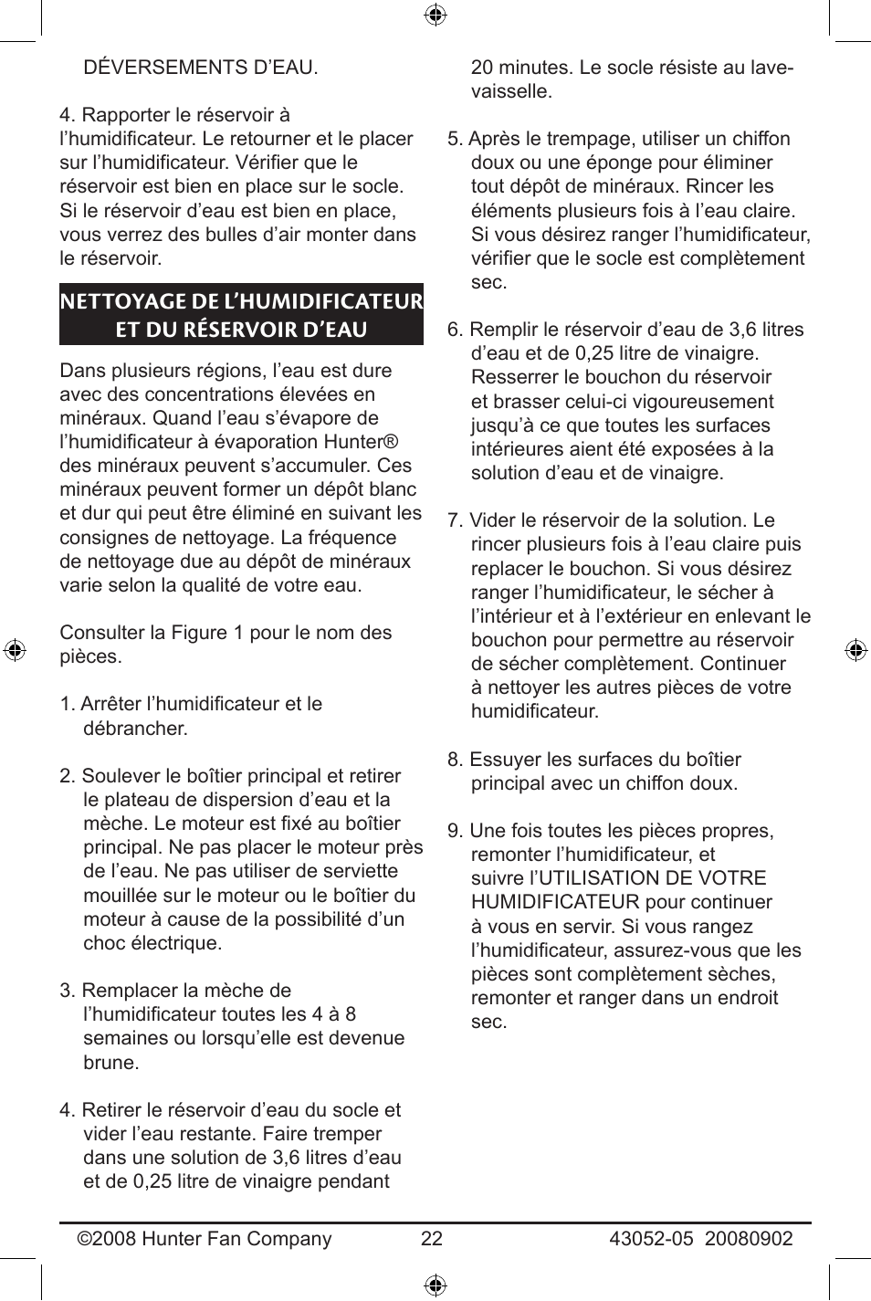 Nettoyage de l’humidificateur et du, Réservoir d’eau | Hunter Fan 43052-01 User Manual | Page 22 / 25