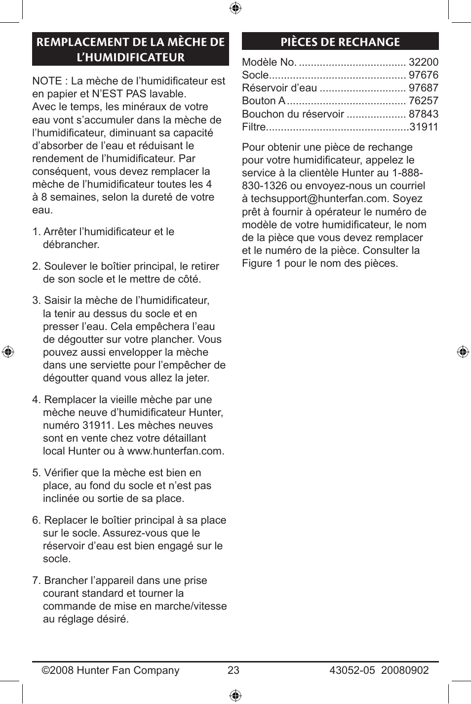 Remplacement de la mèche de, L’humidificateur, Remplacement de la mèche de l’humidificateur | Pièces de rechange | Hunter Fan 43052-01 User Manual | Page 23 / 25