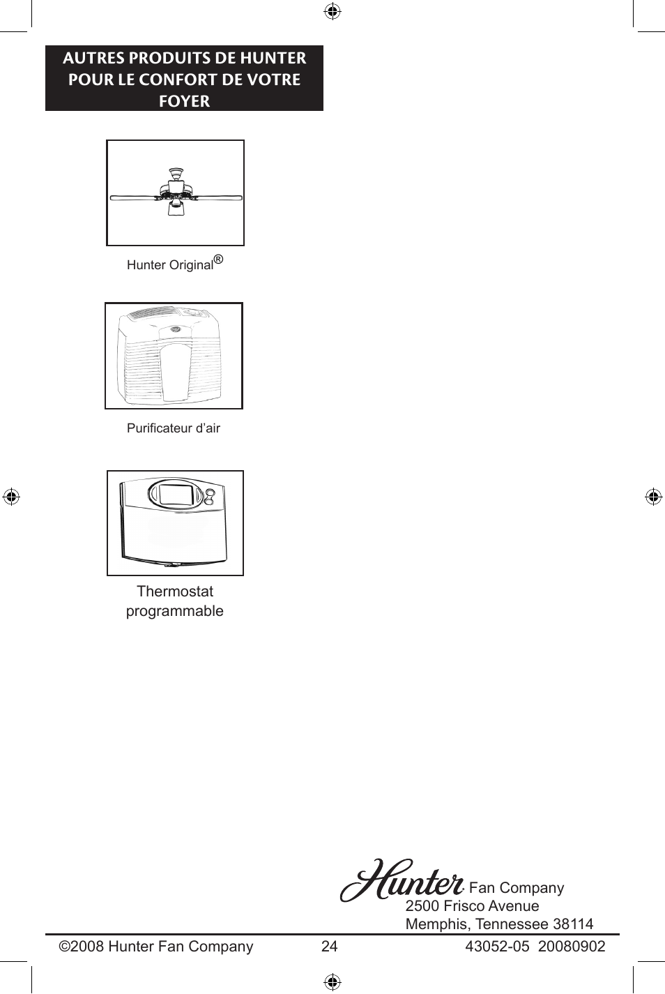 Autres produits de hunter, Pour le confort de votre foyer | Hunter Fan 43052-01 User Manual | Page 24 / 25