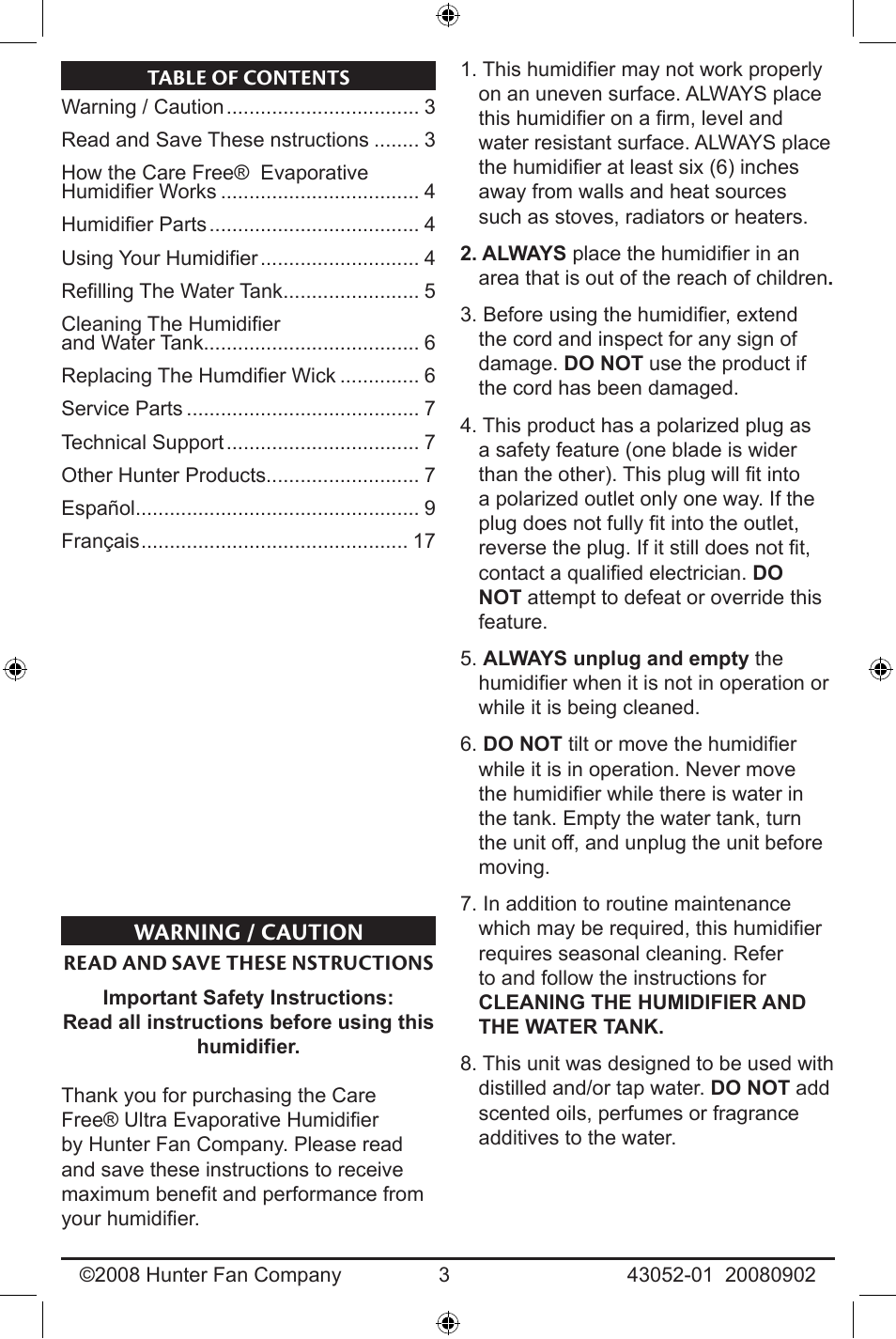 Warning / caution | Hunter Fan 43052-01 User Manual | Page 3 / 25