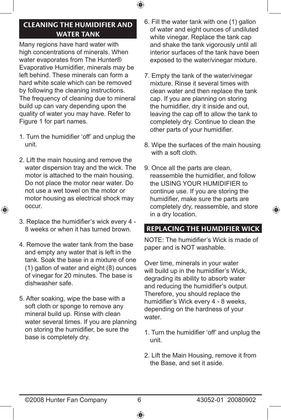 Cleaning the humidifier, And water tank replacing the humdifier wick, Replacing the humdifier wick | Cleaning the humidifier and water tank | Hunter Fan 43052-01 User Manual | Page 6 / 25