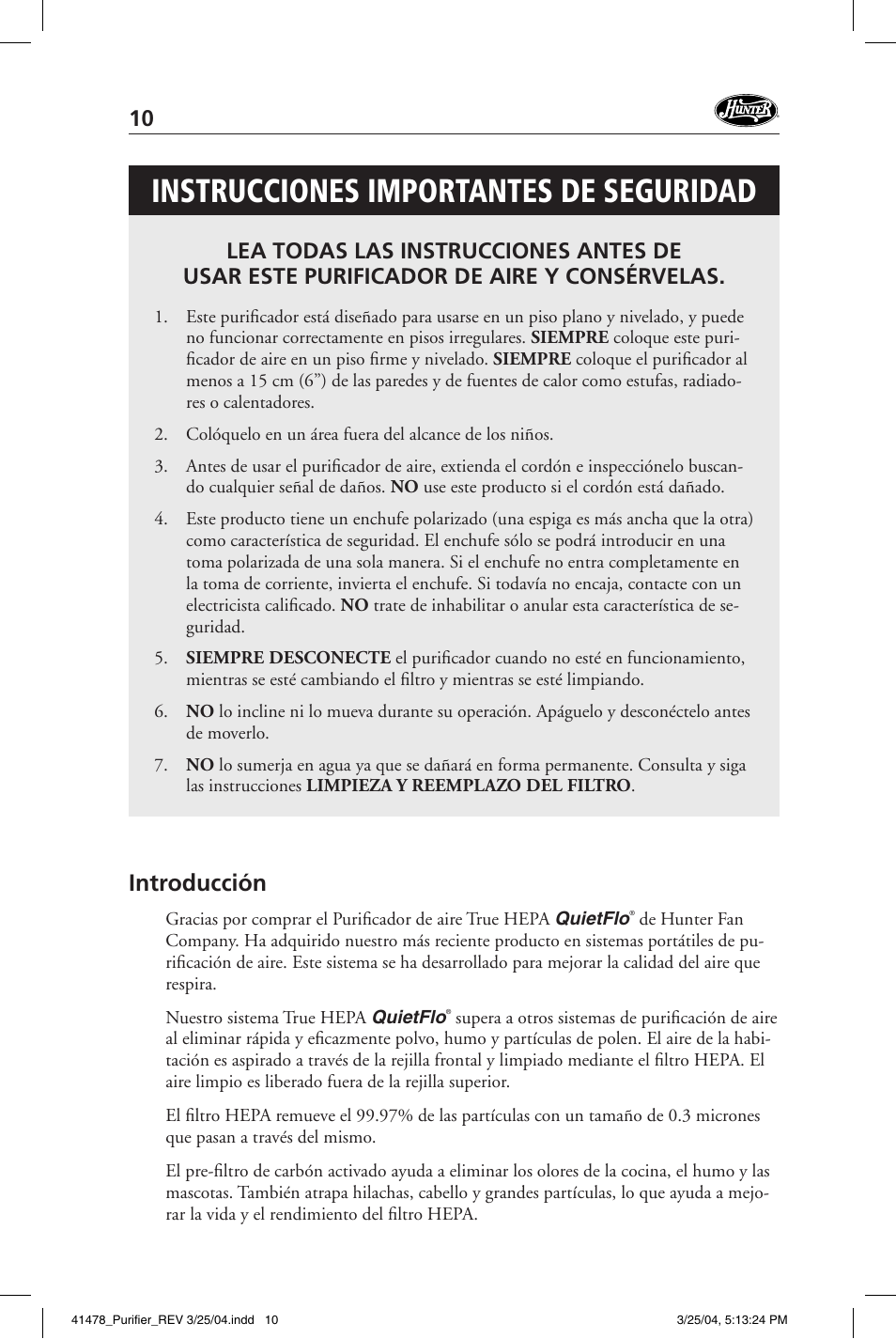 Instrucciones importantes de seguridad, Introducción | Hunter Fan 30145 User Manual | Page 10 / 24