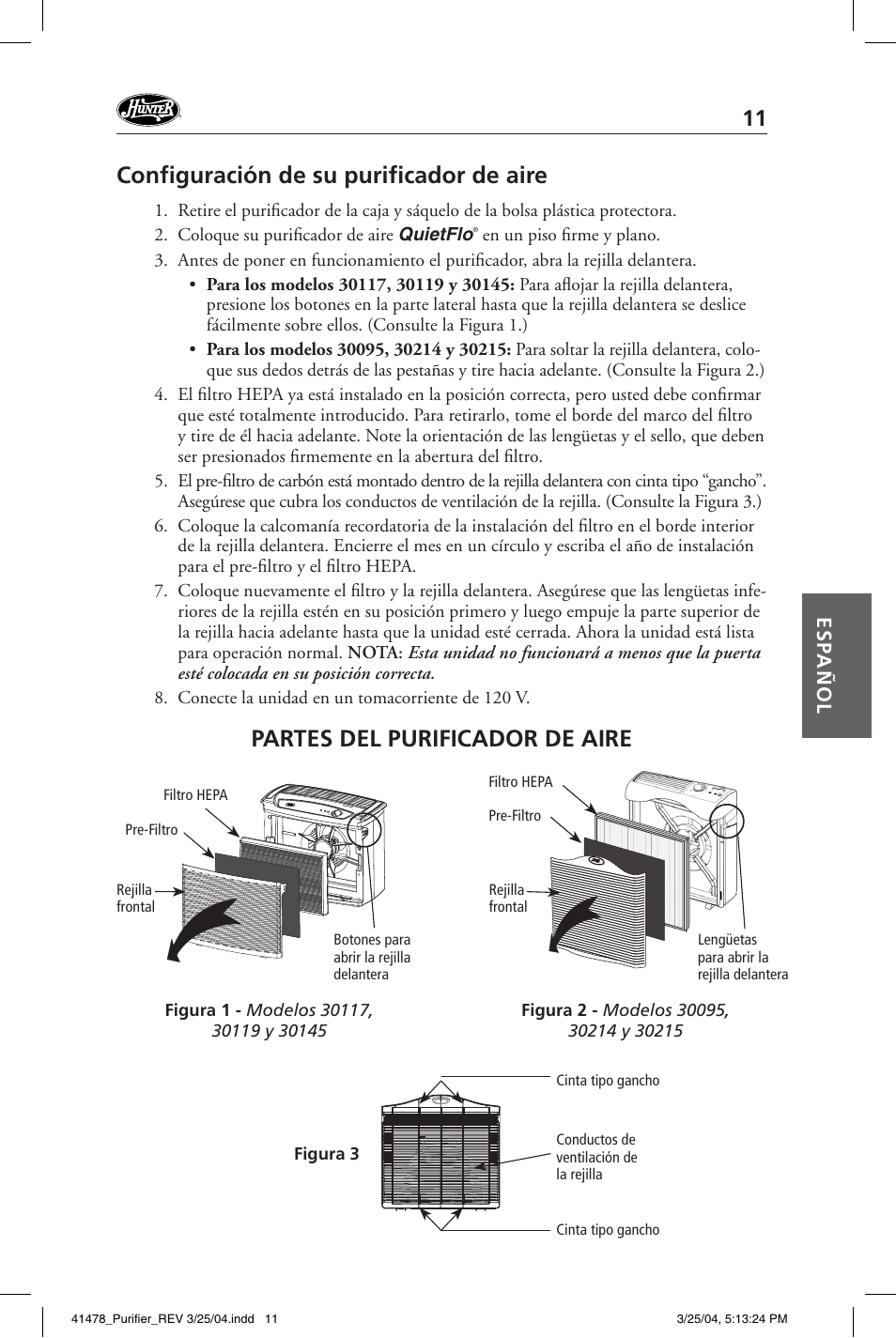 Confi guración de su purifi cador de aire, Partes del purificador de aire, Esp añol | Hunter Fan 30145 User Manual | Page 11 / 24