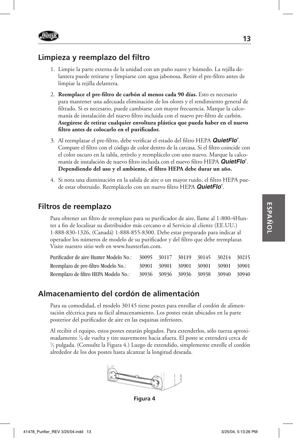 Limpieza y reemplazo del fi ltro, Filtros de reemplazo, Almacenamiento del cordón de alimentación | Esp añol | Hunter Fan 30145 User Manual | Page 13 / 24