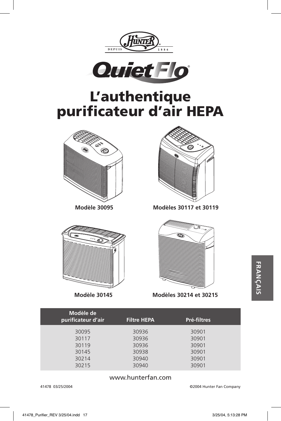 L’authentique purifi cateur d’air hepa | Hunter Fan 30145 User Manual | Page 17 / 24