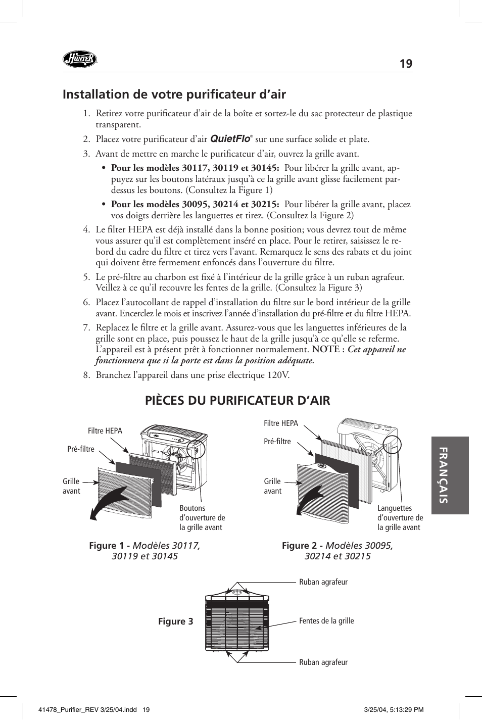 Installation de votre purifi cateur d’air, Pièces du purificateur d’air, Français | Hunter Fan 30145 User Manual | Page 19 / 24