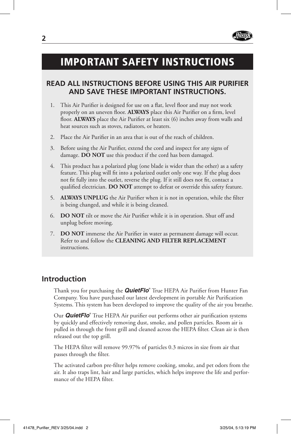 Important safety instructions, Introduction | Hunter Fan 30145 User Manual | Page 2 / 24