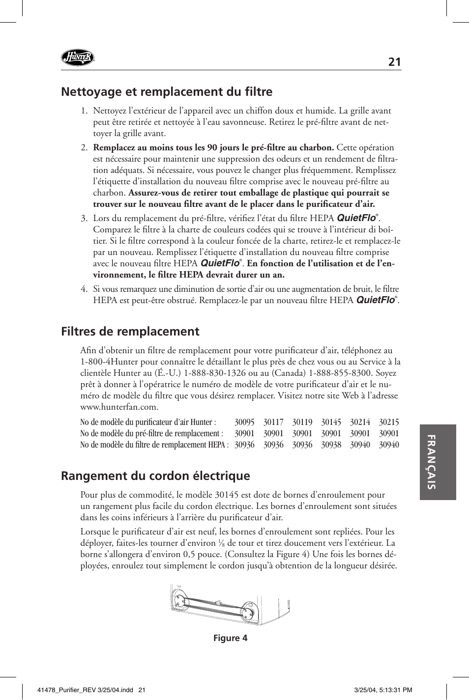 Nettoyage et remplacement du fi ltre, Filtres de remplacement, Rangement du cordon électrique | Français | Hunter Fan 30145 User Manual | Page 21 / 24