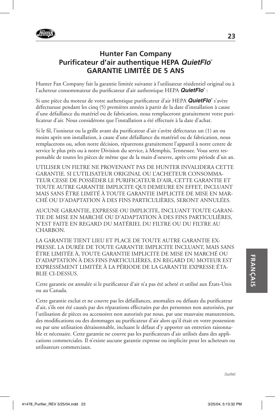 Garantie limitée de 5 ans, Français | Hunter Fan 30145 User Manual | Page 23 / 24