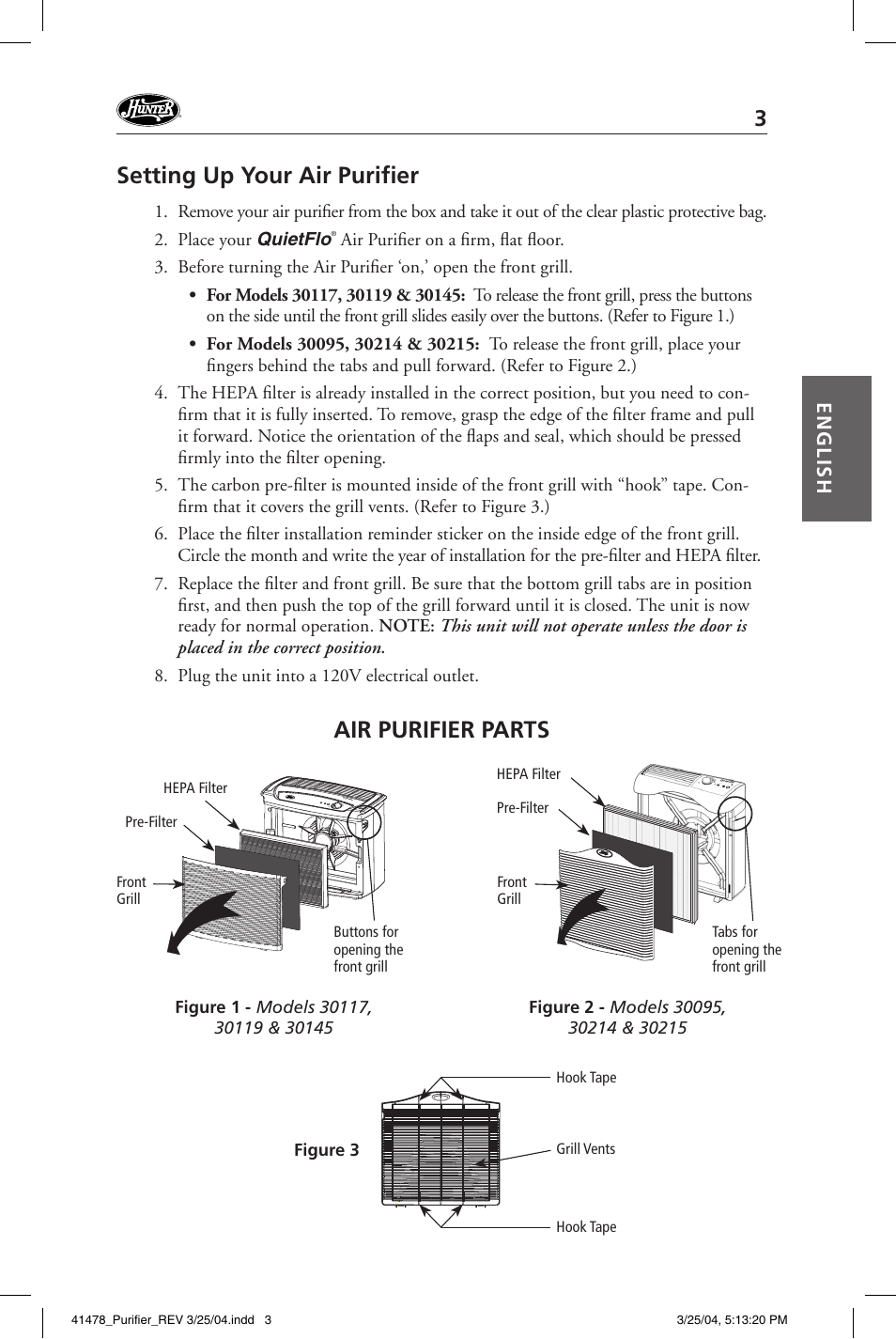 Setting up your air purifi er, Air purifier parts, English | Hunter Fan 30145 User Manual | Page 3 / 24