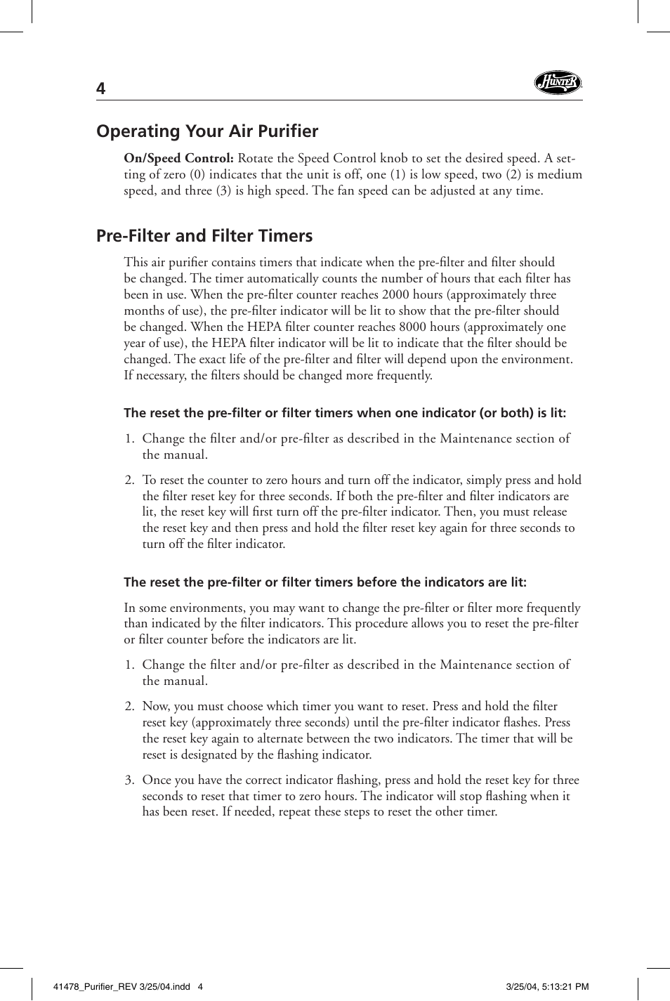 Operating your air purifi er, Pre-filter and filter timers | Hunter Fan 30145 User Manual | Page 4 / 24