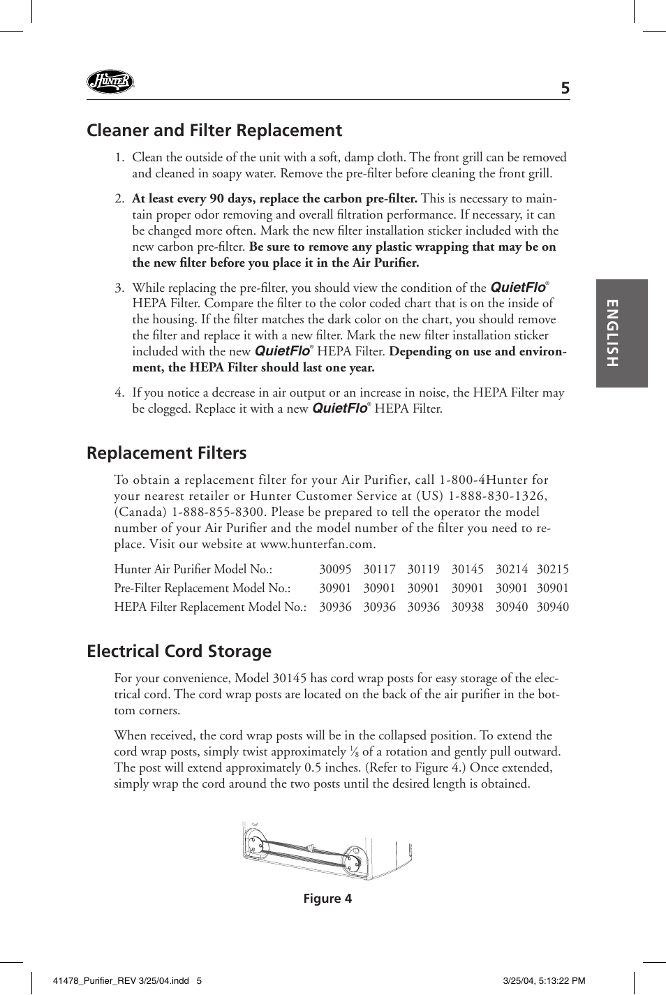 Cleaner and filter replacement, Replacement filters, Electrical cord storage | Hunter Fan 30145 User Manual | Page 5 / 24