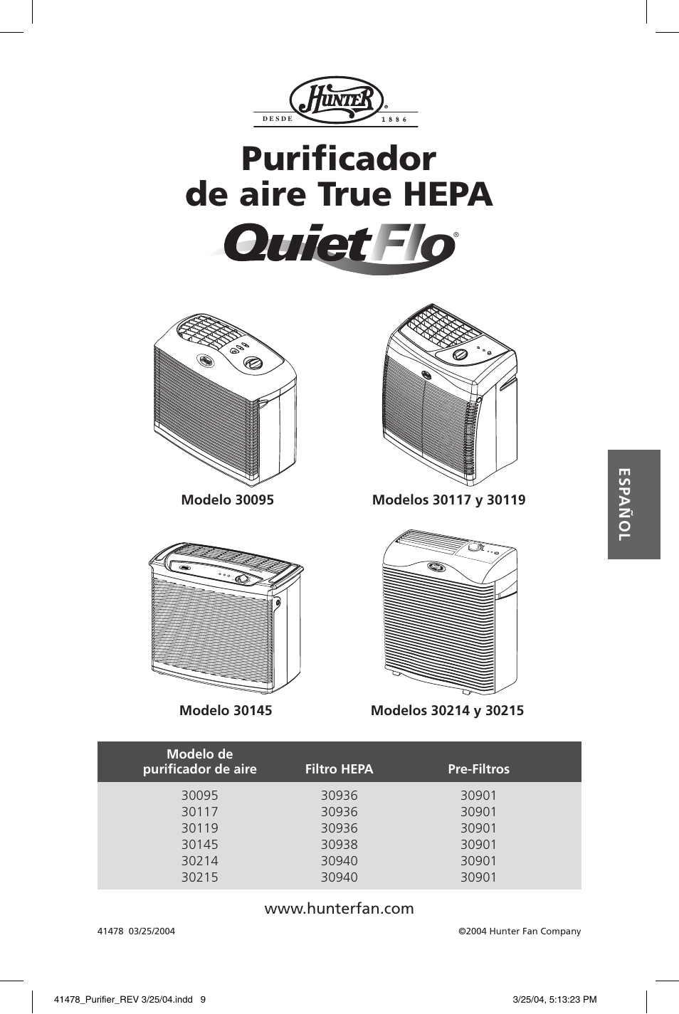 Purifi cador de aire true hepa | Hunter Fan 30145 User Manual | Page 9 / 24