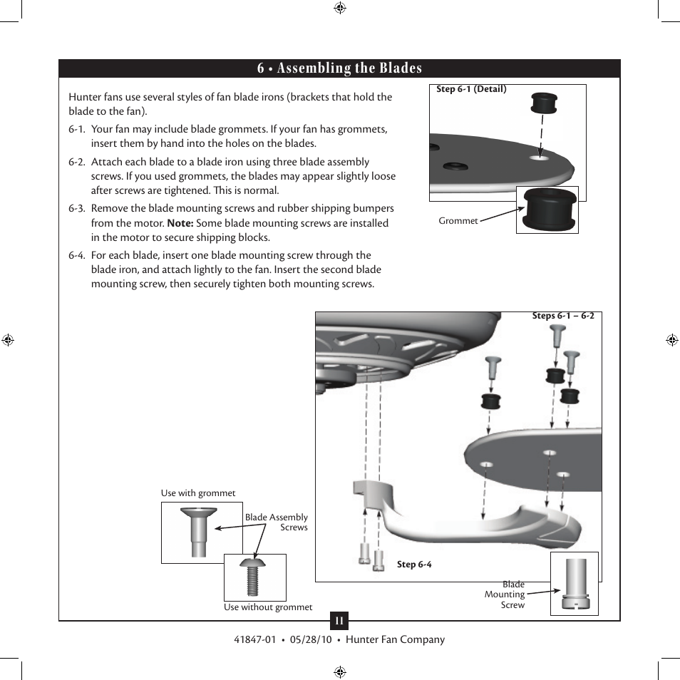 6 • assembling the blades | Hunter Fan TypeB User Manual | Page 11 / 17