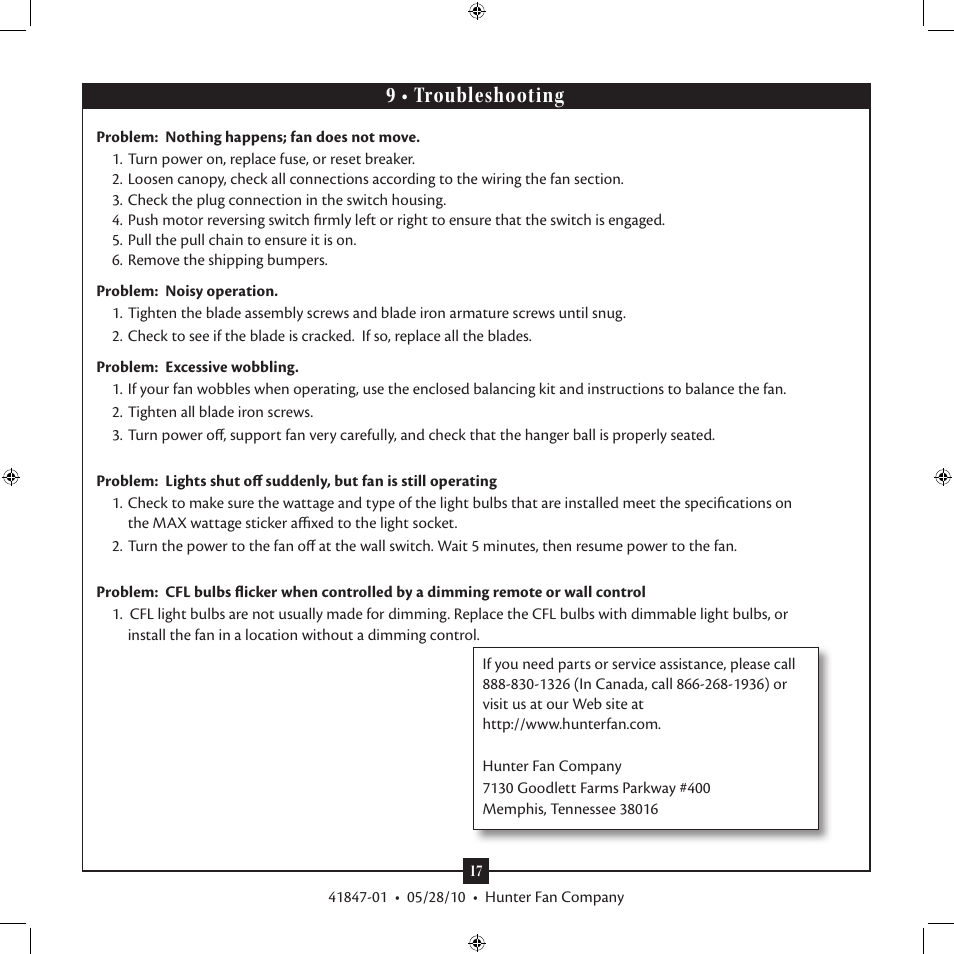 9 • troubleshooting | Hunter Fan TypeB User Manual | Page 17 / 17