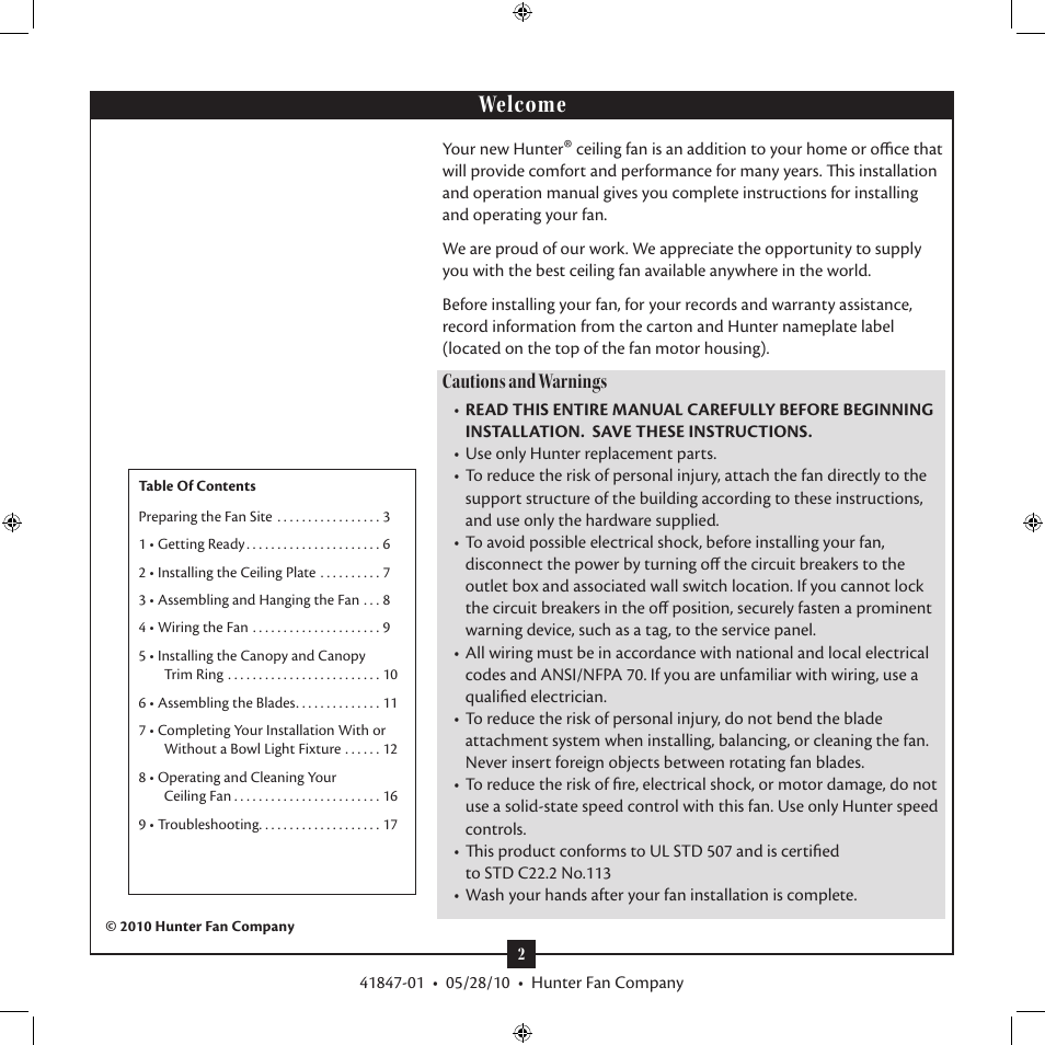 Welcome, Cautions and warnings | Hunter Fan TypeB User Manual | Page 2 / 17