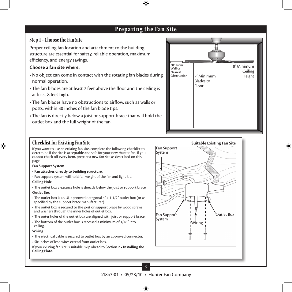 Preparing the fan site, Step 1 - choose the fan site, Checklist for existing fan site | Hunter Fan TypeB User Manual | Page 3 / 17