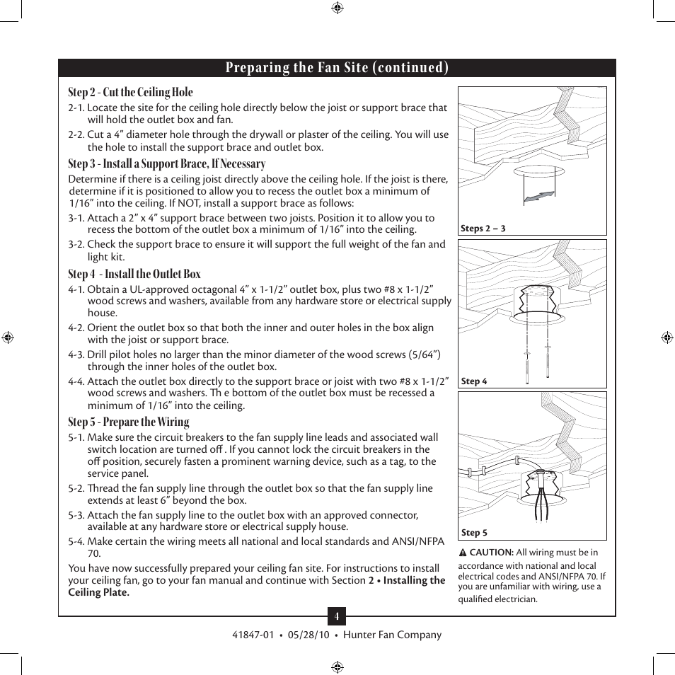 Preparing the fan site (continued), Step 2 - cut the ceiling hole, Step 3 - install a support brace, if necessary | Step 4 - install the outlet box, Step 5 - prepare the wiring | Hunter Fan TypeB User Manual | Page 4 / 17