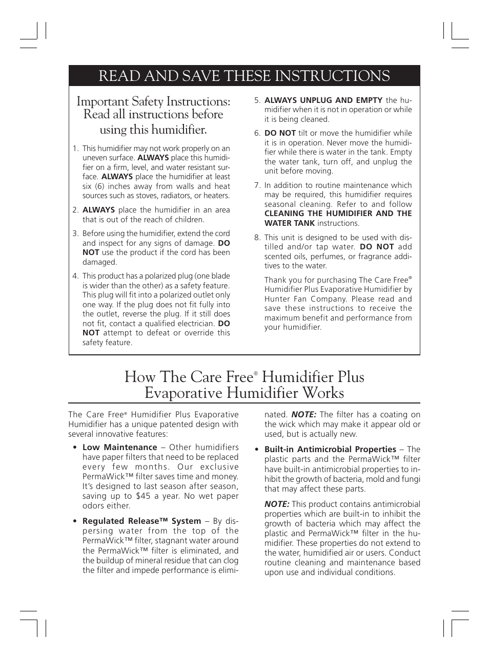 How the care free, Humidifier plus evaporative humidifier works, Read and save these instructions | Hunter Fan CARE FREE 33202 User Manual | Page 2 / 8