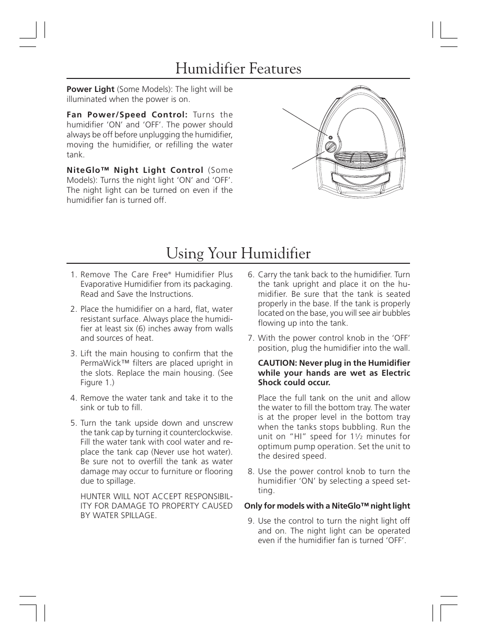 Humidifier features using your humidifier | Hunter Fan CARE FREE 33202 User Manual | Page 4 / 8