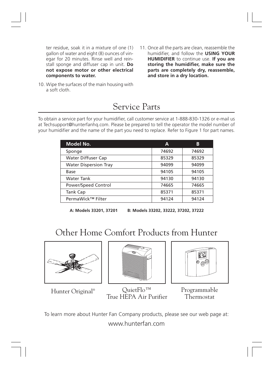 Service parts, Other home comfort products from hunter, Hunter original | Hunter Fan CARE FREE 33202 User Manual | Page 6 / 8