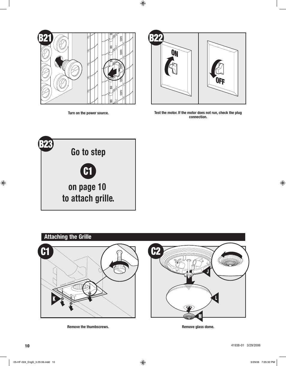 Go to step on page 10 to attach grille, On off | Hunter Fan 81005 User Manual | Page 10 / 28