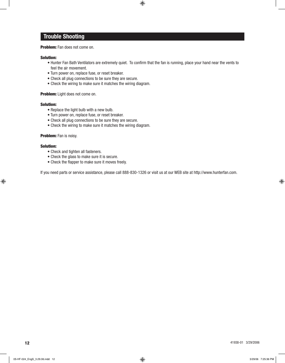 Trouble shooting | Hunter Fan 81005 User Manual | Page 12 / 28