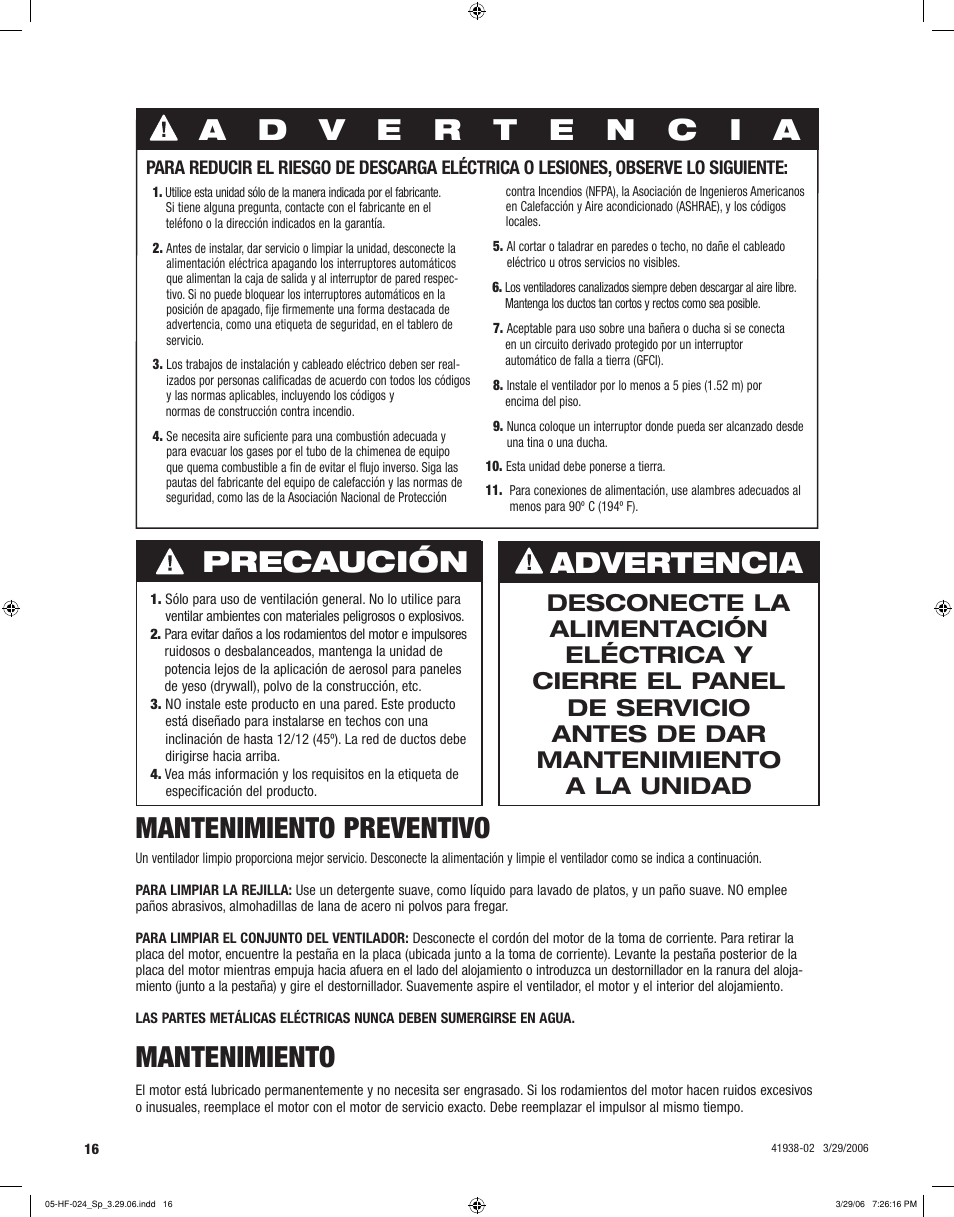 Mantenimiento preventivo, Mantenimiento | Hunter Fan 81005 User Manual | Page 16 / 28