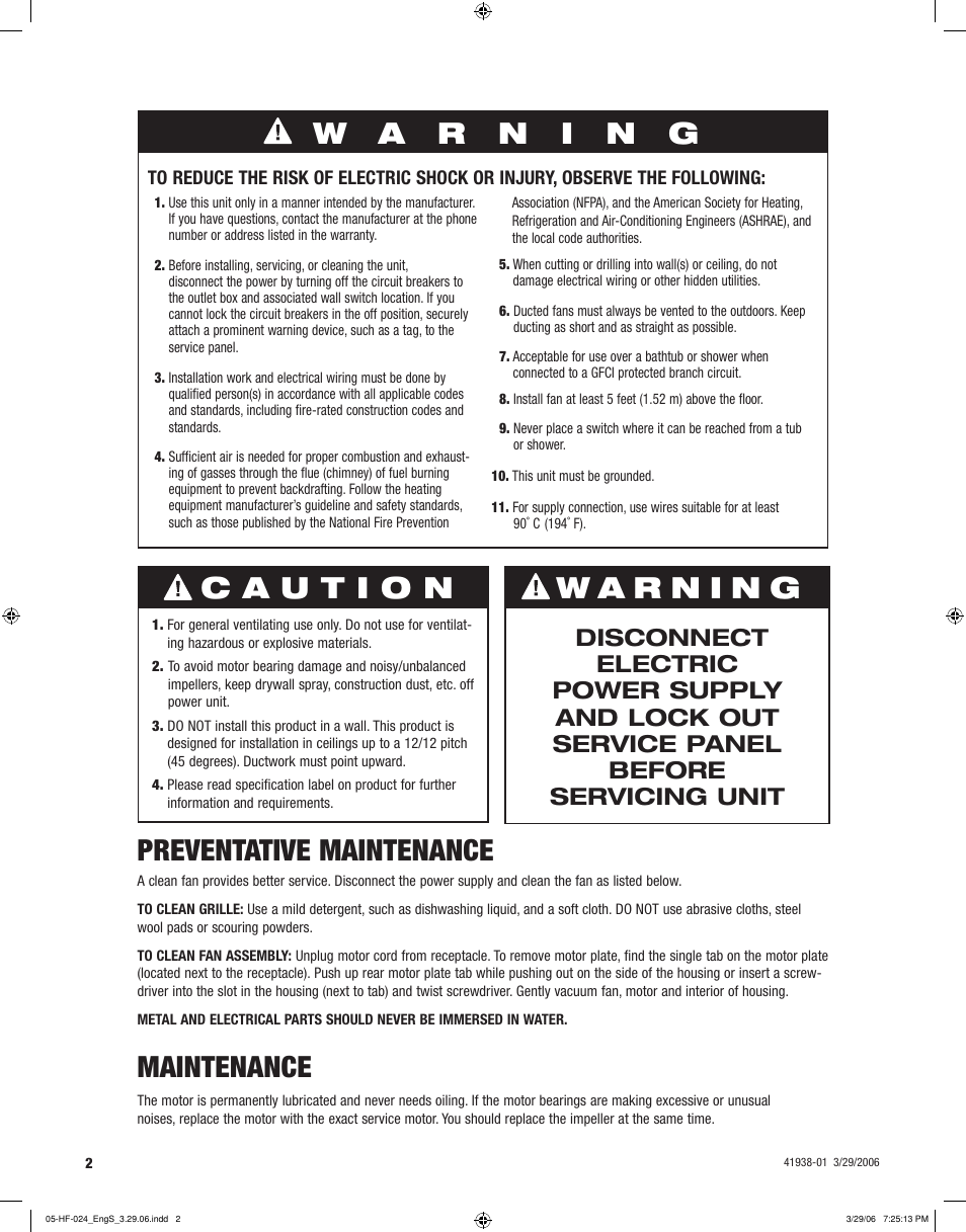 Preventative maintenance, Maintenance | Hunter Fan 81005 User Manual | Page 2 / 28