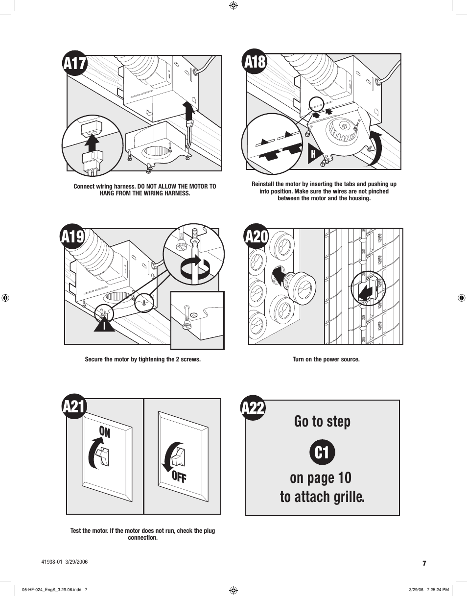 A22 c1, Go to step on page 10 to attach grille, On off | Hunter Fan 81005 User Manual | Page 7 / 28