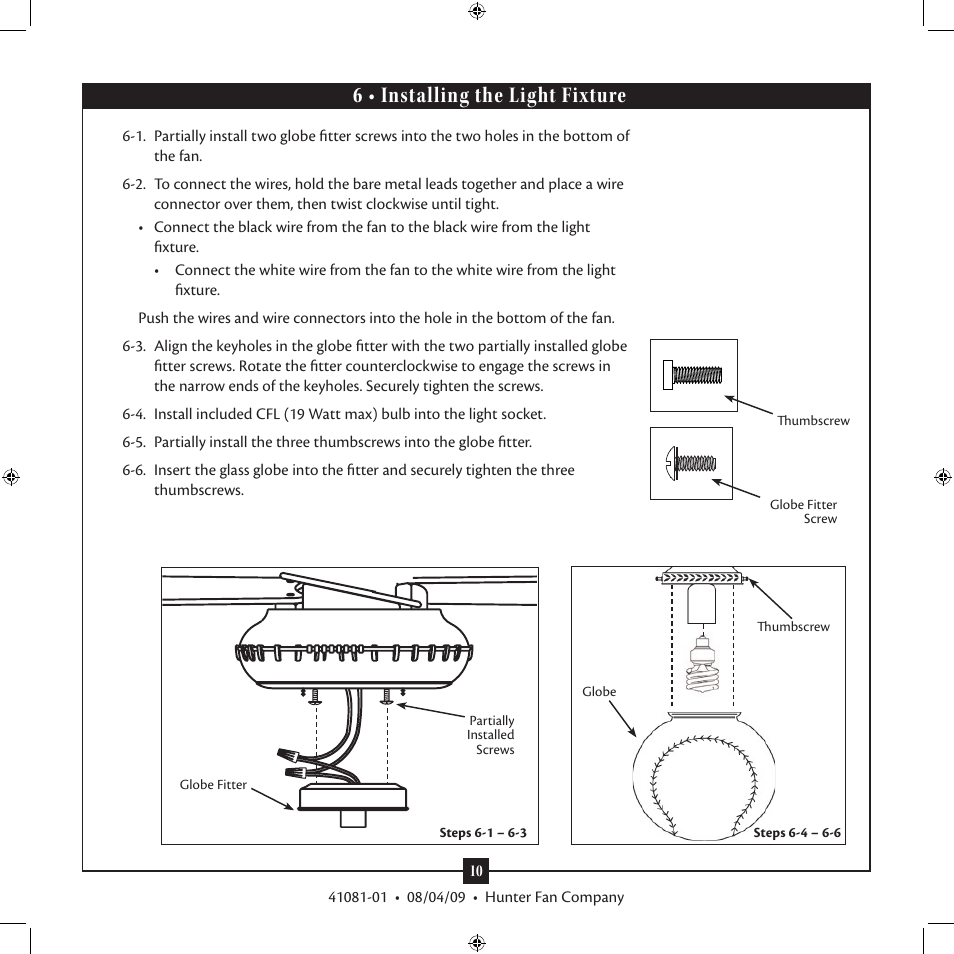 6 • installing the light fixture | Hunter Fan 41081-01 User Manual | Page 10 / 12