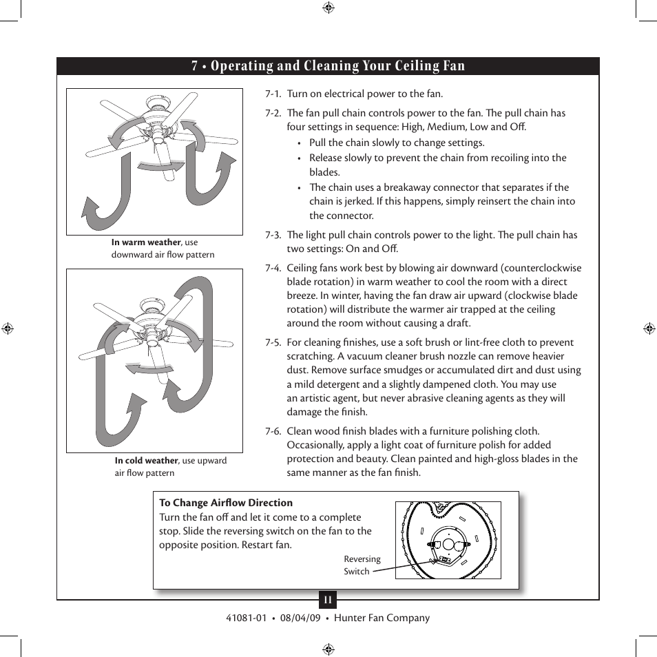 7 • operating and cleaning your ceiling fan | Hunter Fan 41081-01 User Manual | Page 11 / 12