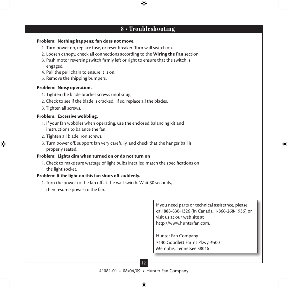 8 • troubleshooting | Hunter Fan 41081-01 User Manual | Page 12 / 12