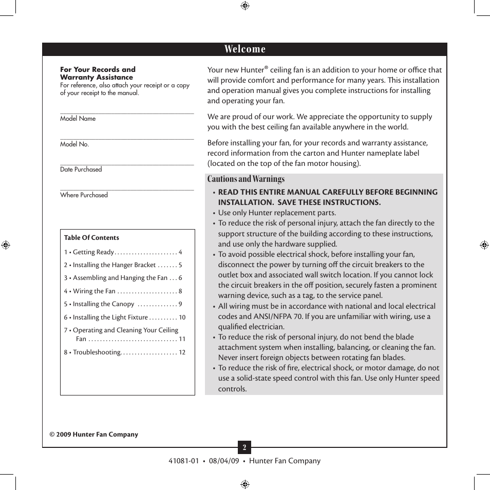 Welcome, Cautions and warnings | Hunter Fan 41081-01 User Manual | Page 2 / 12