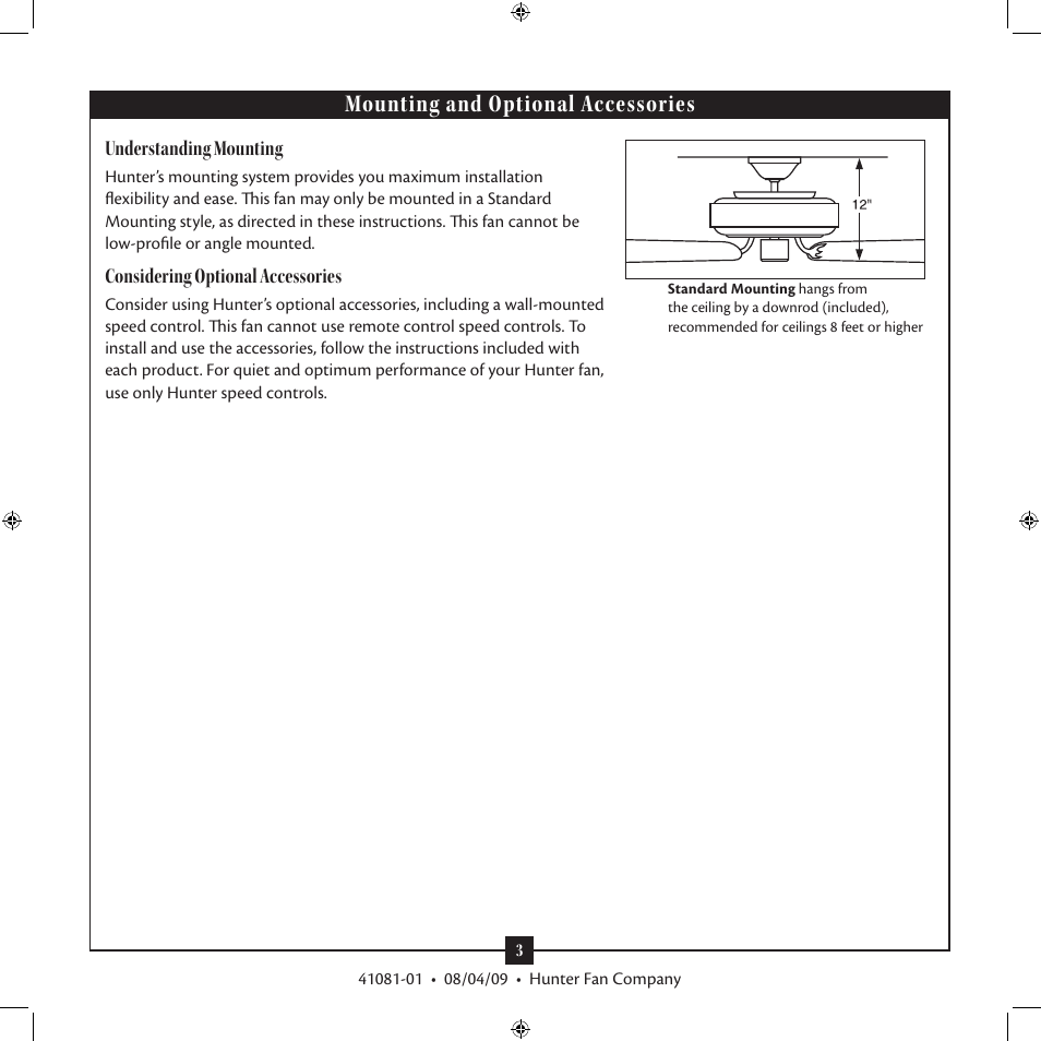 Mounting and optional accessories | Hunter Fan 41081-01 User Manual | Page 3 / 12