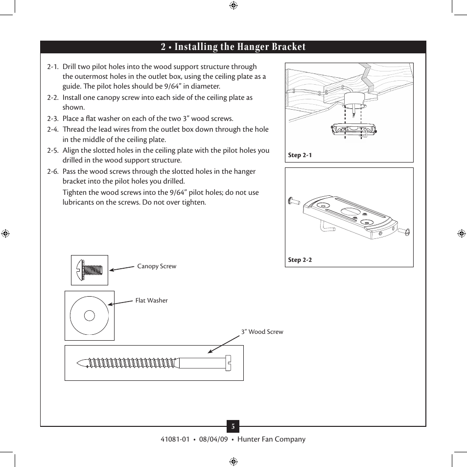 2 • installing the hanger bracket | Hunter Fan 41081-01 User Manual | Page 5 / 12
