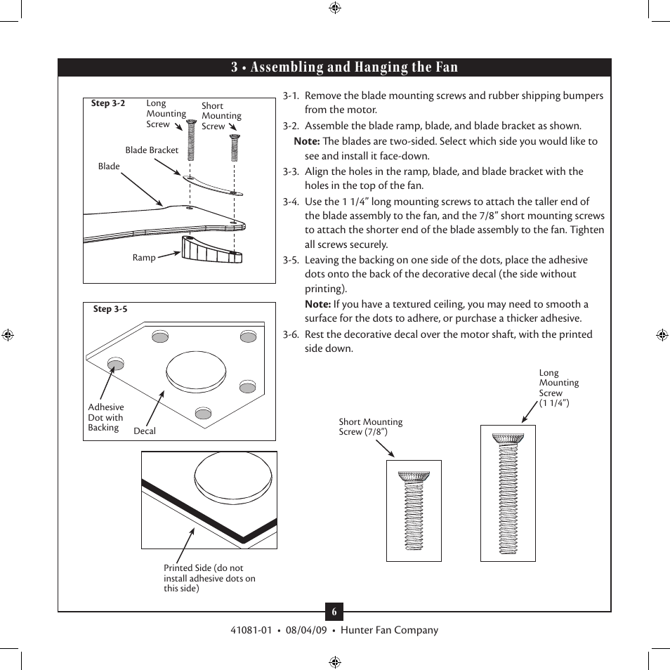 3 • assembling and hanging the fan | Hunter Fan 41081-01 User Manual | Page 6 / 12