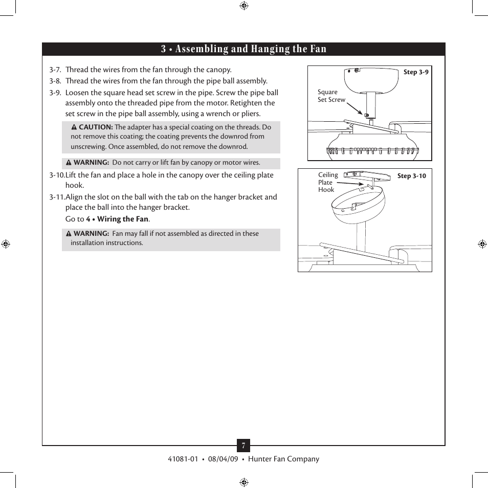 3 • assembling and hanging the fan | Hunter Fan 41081-01 User Manual | Page 7 / 12