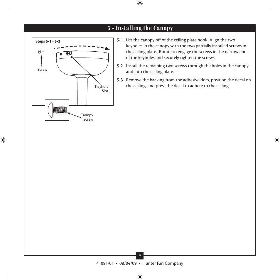 5 • installing the canopy | Hunter Fan 41081-01 User Manual | Page 9 / 12