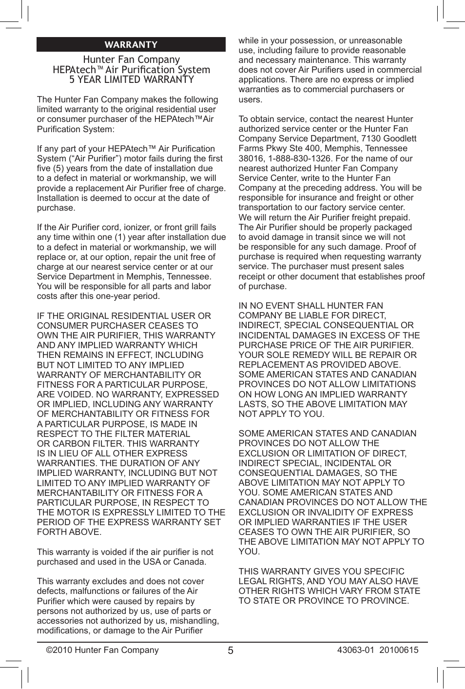 Hunter Fan 30180 User Manual | Page 5 / 6