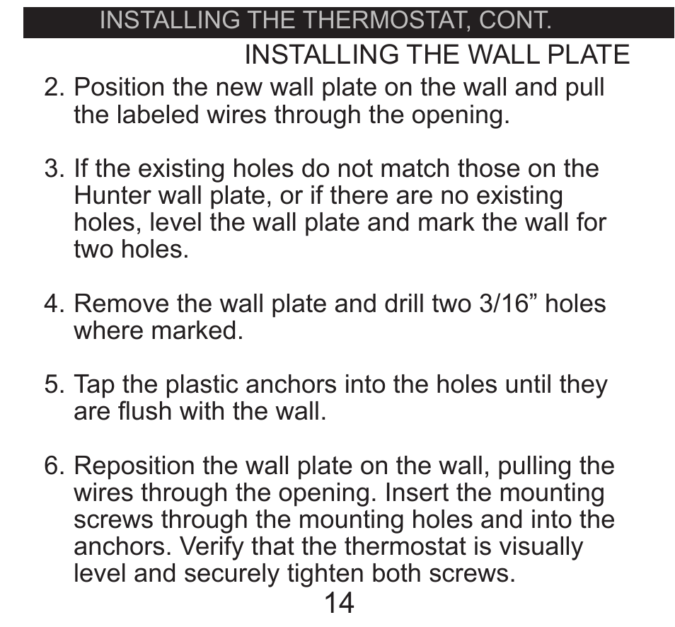 Installing the wall plate | Hunter Fan 40135 User Manual | Page 14 / 30
