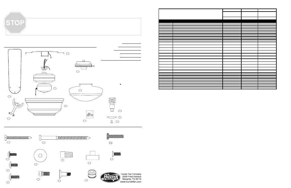 Guía de piezas, Lista de piezas, Materiales | Piezas del ventilador | Hunter Fan 20801 User Manual | Page 2 / 2