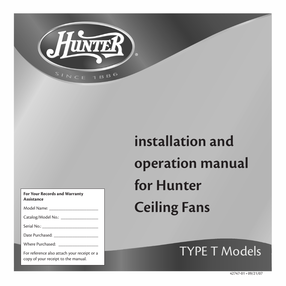 Hunter Fan Type T Models User Manual | 13 pages