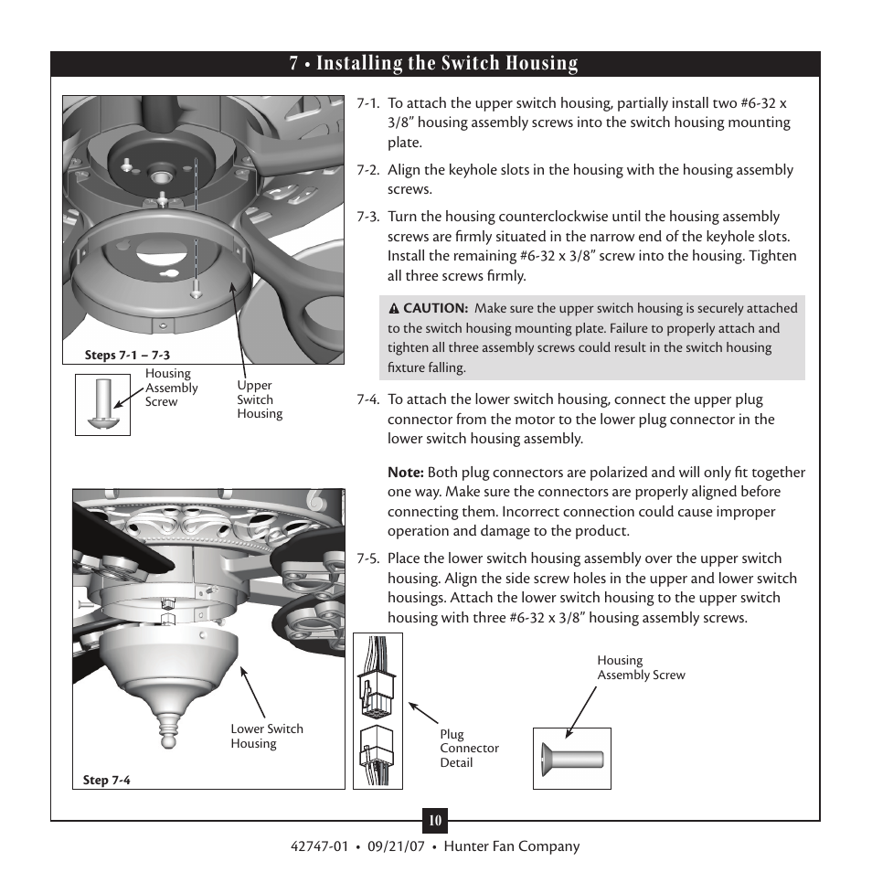 7 • installing the switch housing | Hunter Fan Type T Models User Manual | Page 10 / 13