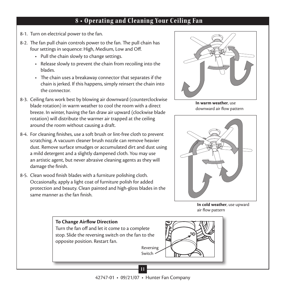 8 • operating and cleaning your ceiling fan | Hunter Fan Type T Models User Manual | Page 11 / 13
