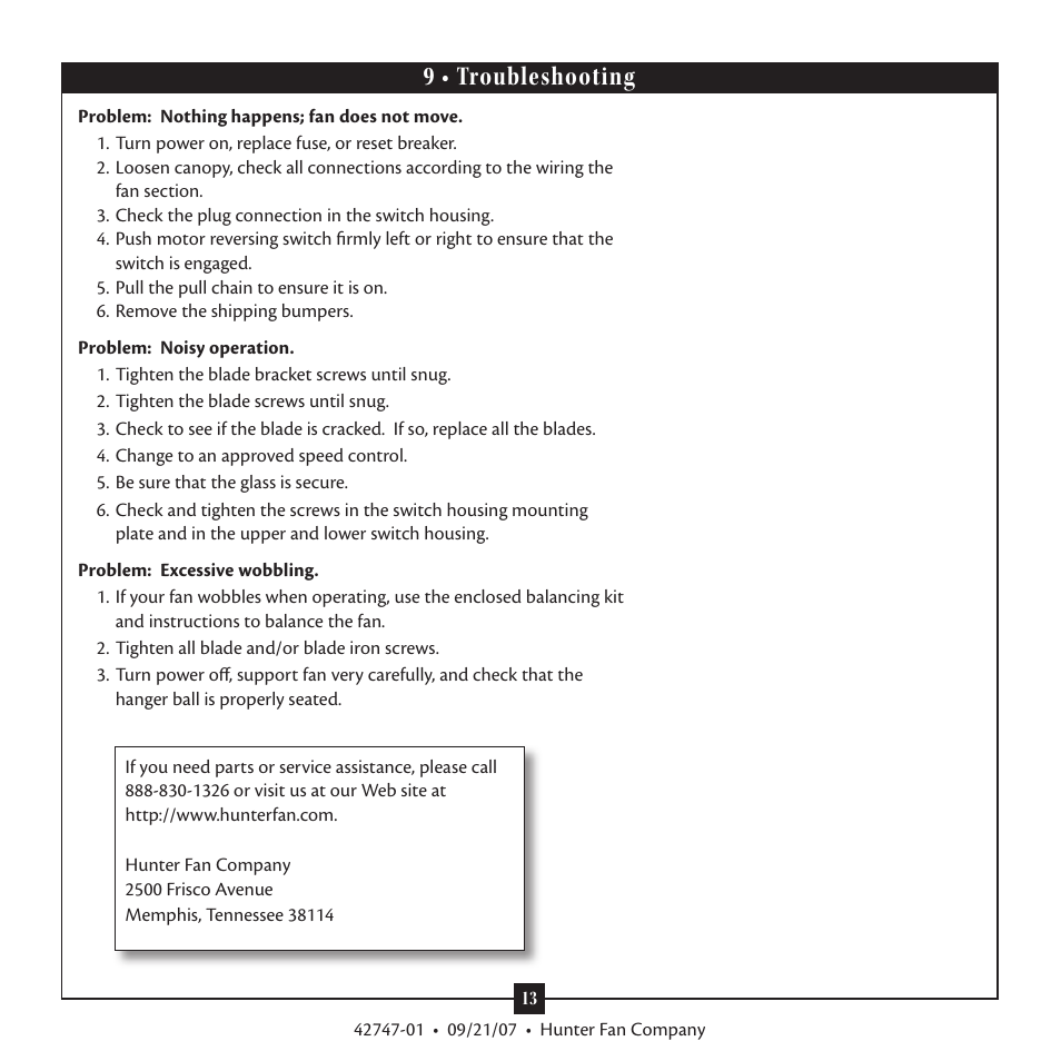 9 • troubleshooting | Hunter Fan Type T Models User Manual | Page 13 / 13