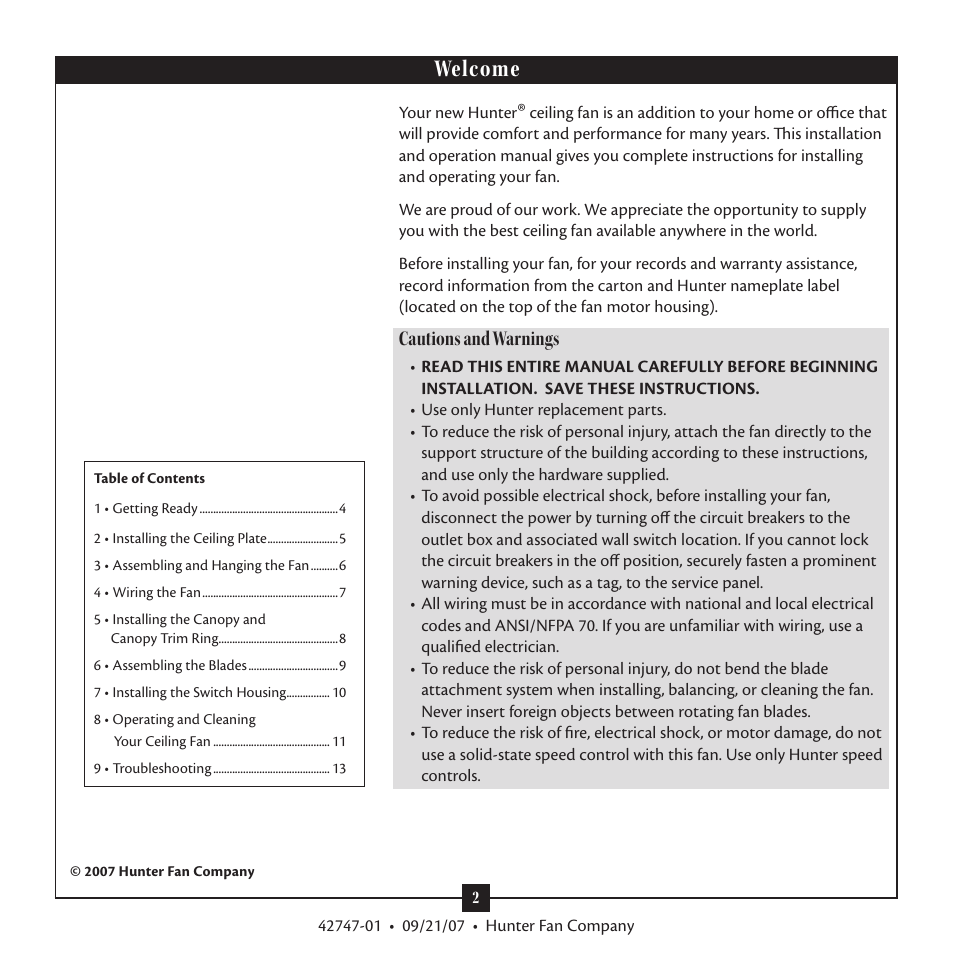 Welcome, Cautions and warnings | Hunter Fan Type T Models User Manual | Page 2 / 13