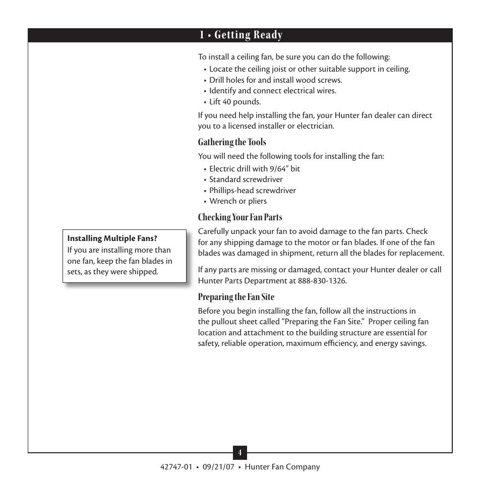 1 • getting ready | Hunter Fan Type T Models User Manual | Page 4 / 13