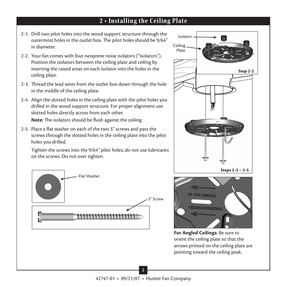 2 • installing the ceiling plate | Hunter Fan Type T Models User Manual | Page 5 / 13