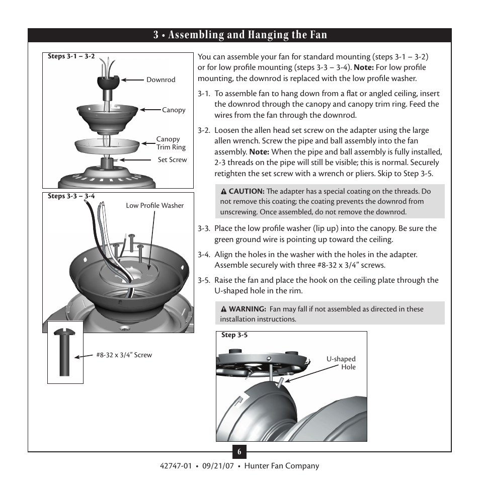 3 • assembling and hanging the fan | Hunter Fan Type T Models User Manual | Page 6 / 13